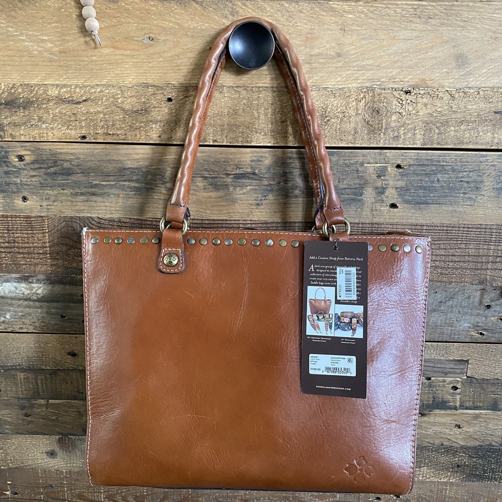 PATRICIA NASH ZANCONA Large Tote Purse Handbag Leather VEG TAN Brass Studs Tags